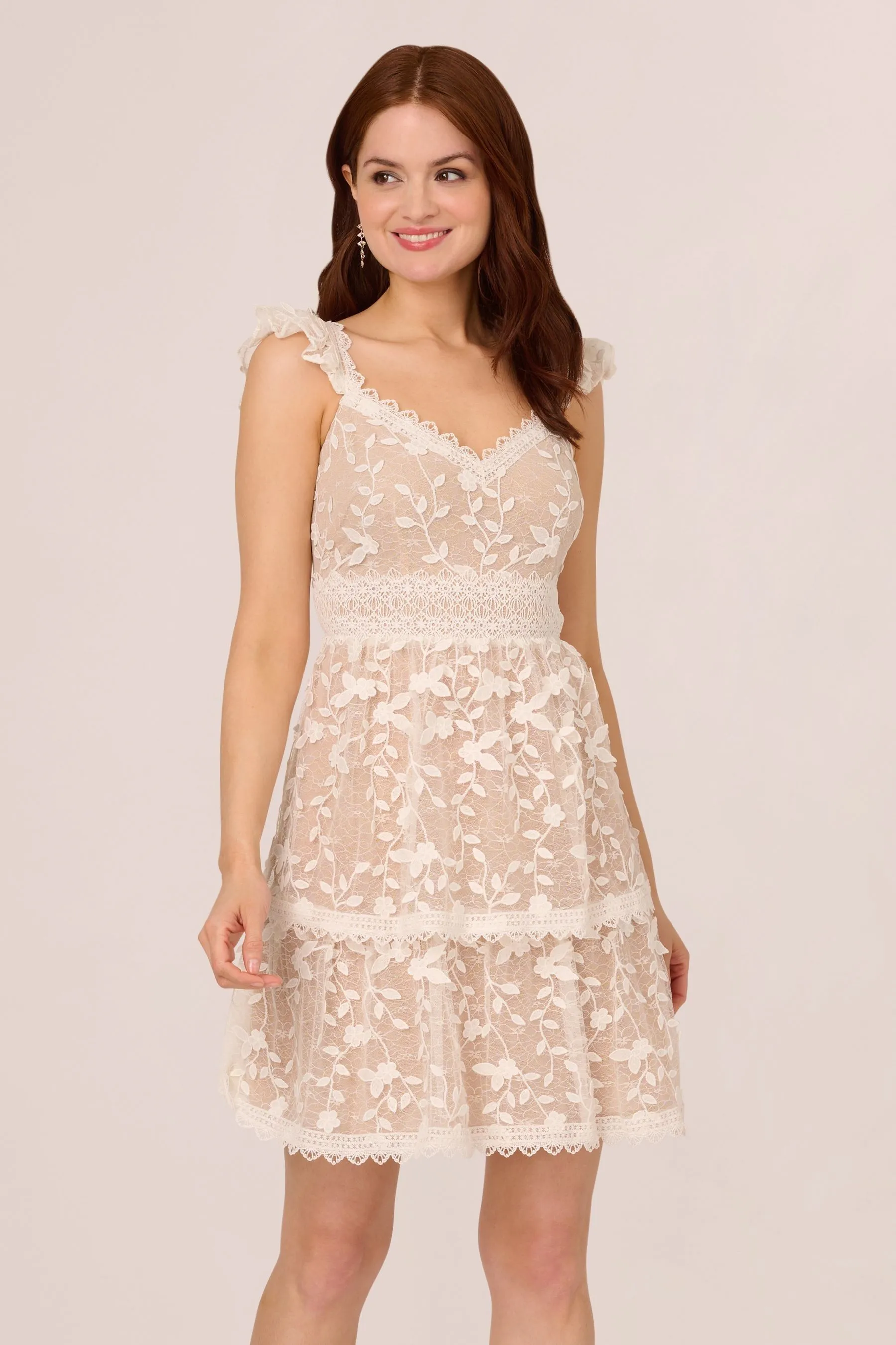 Adrianna Papell Lace Embroidery Flutter White - Abito